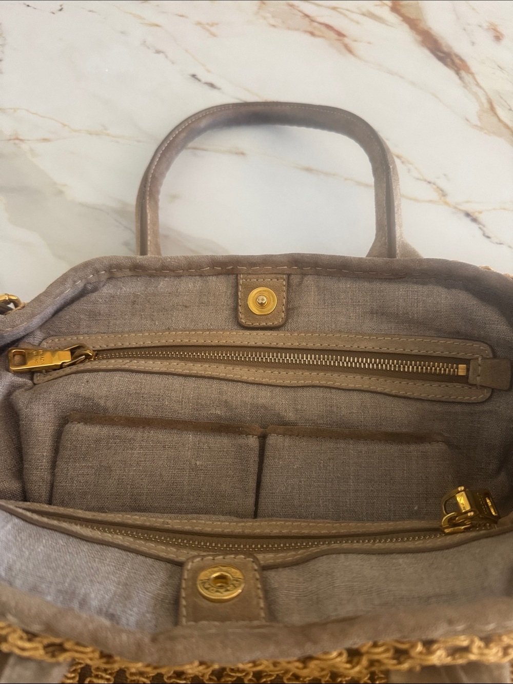 Prada Yellow Crochet Shoulder Bag with Taupe Leather Trim and shopping bag - Picture 7 of 16